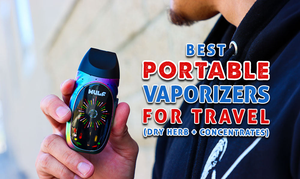 man holding the Wulf Faze Dry Herb Vaporizer outside to travel with with text