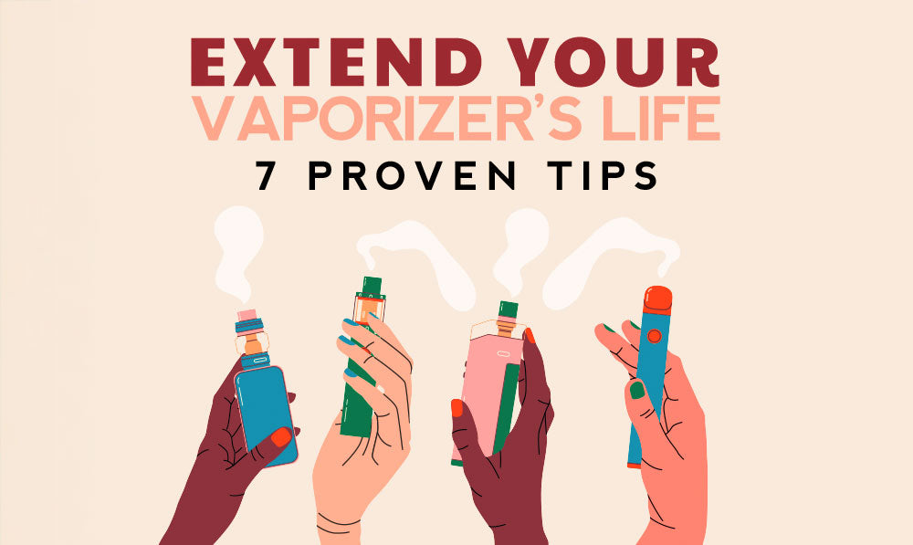 illustration of women's hands holding different vapes with text on beige background