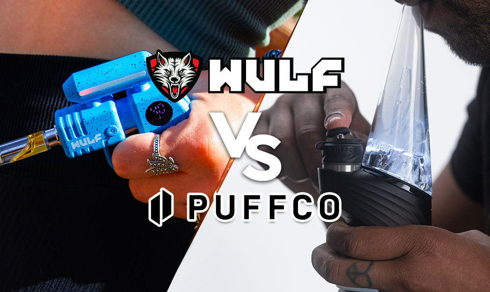 woman holding wulf zapp on one side while the other side has a man using the Puffco Peak Pro with text in center