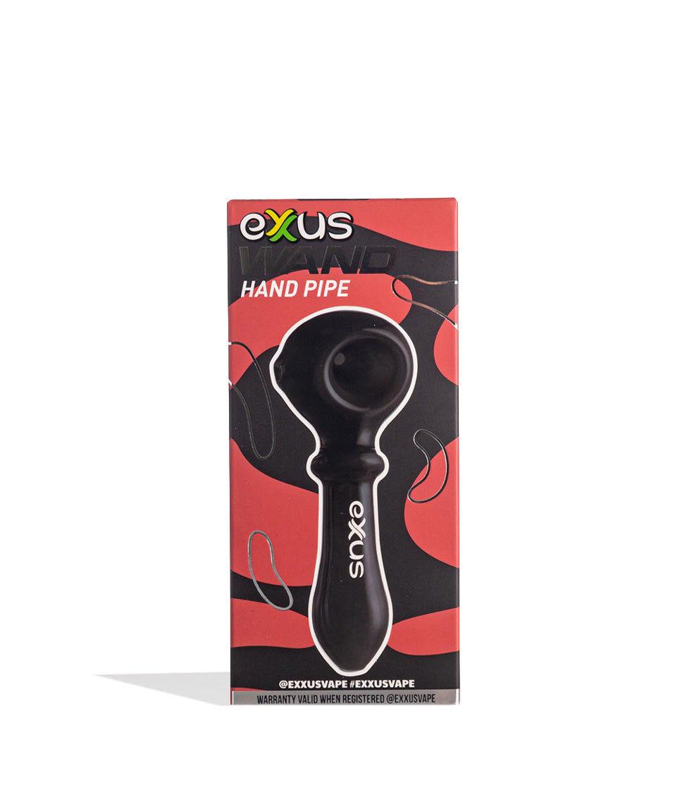 Black Exxus Wand Hand Pipe Packaging Front View on White Background