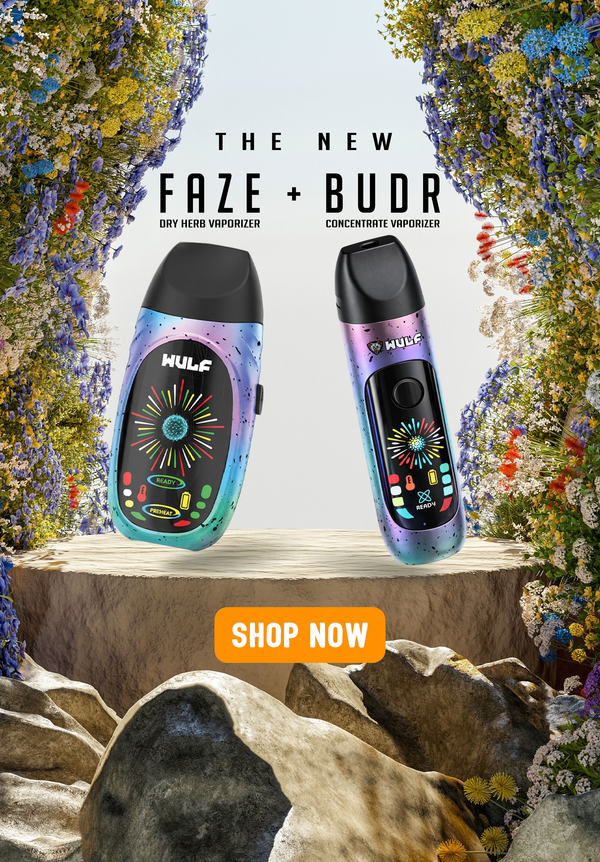 Wulf Faze and Wulf Budr vape devices on a wooden surface with flowers in the background and 'Shop Now' button.