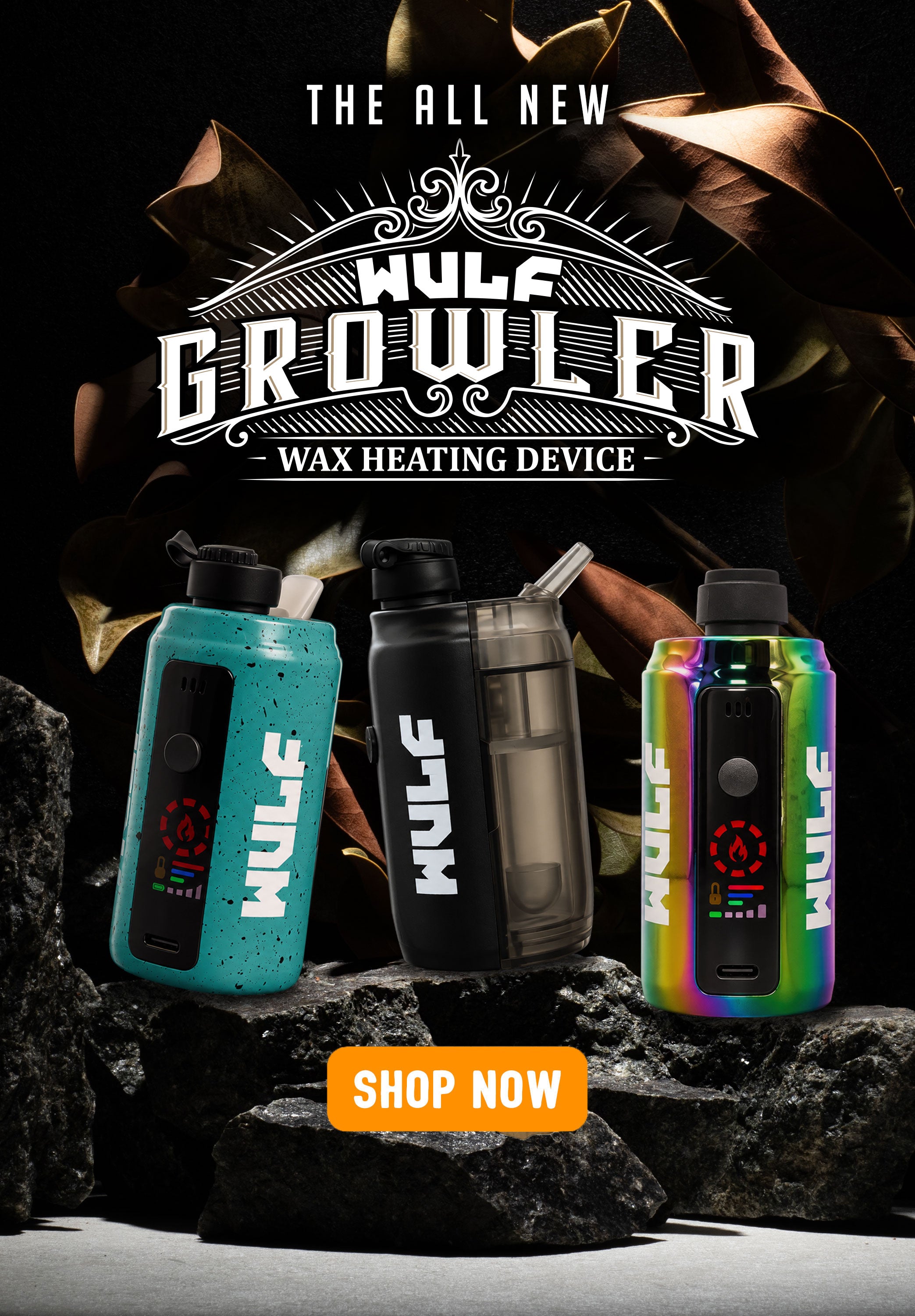 Three Wulf Growler wax heating devices on a dark background with 'Shop Now' button.