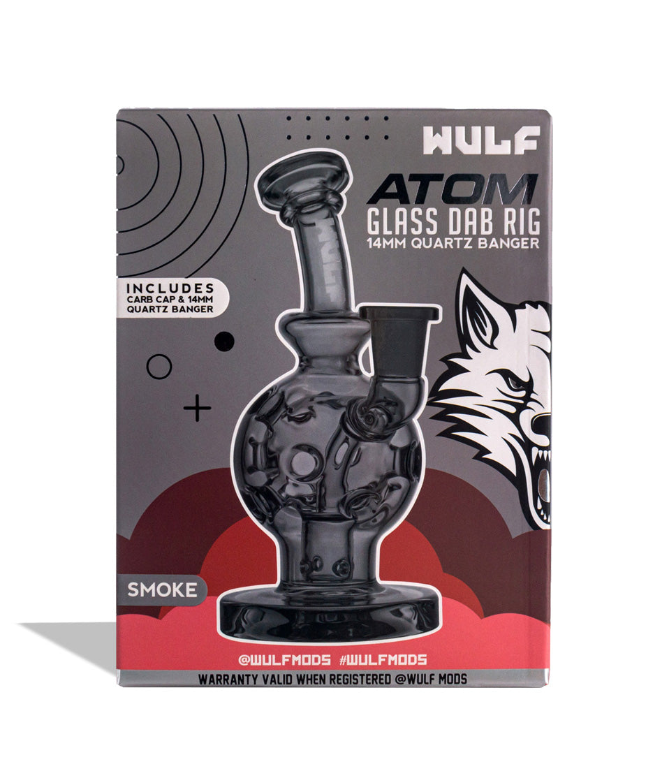 Smoke Wulf Mods Atom 14mm Dab Rig with Quartz Banger Packaging Front View on White Background