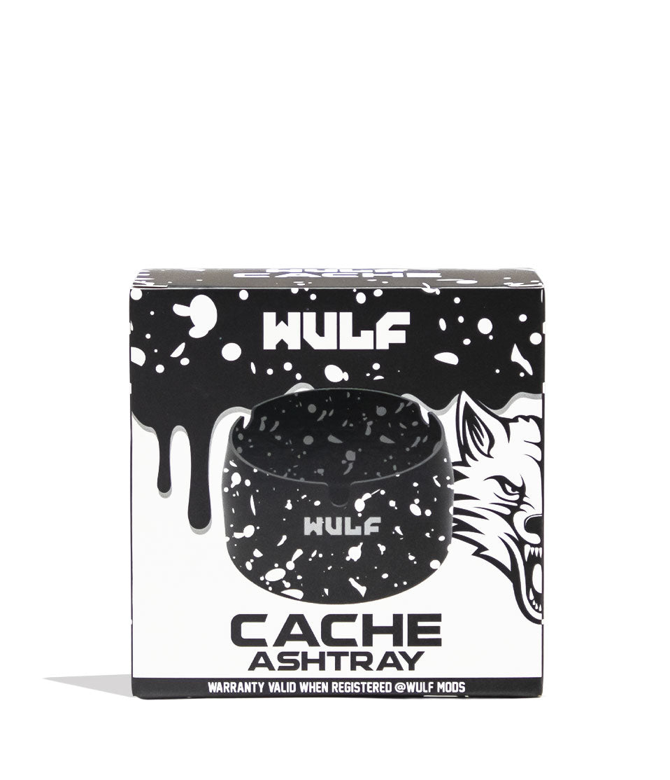 Black White Spatter Wulf Mods Cache Ashtray Packaging Front View on White Background