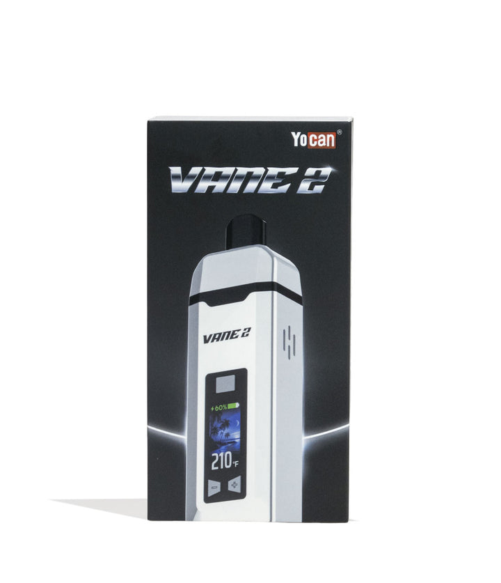 White Yocan Vane 2 Portable Dry Herb Vaporizer Packaging Front View on White Background